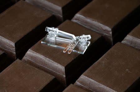 The Chocolate Shooter is displayed in the factory of Belgian chocolatier Dominique Persoone in Bruges, February 3, 2015. REUTERS/Francois Lenoir