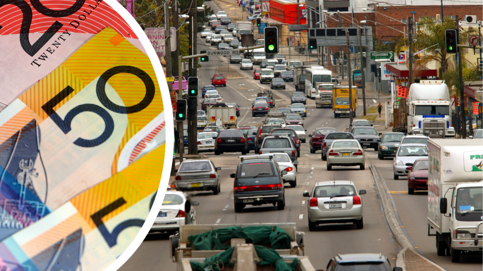 A composite image of Australian money and drivers on a busy road in Sydney.