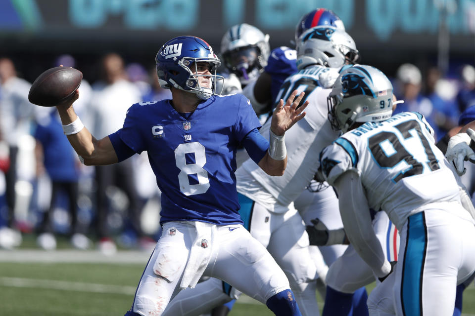New York Giants quarterback Daniel Jones throws during the first half an NFL football game against the Carolina Panthers, Sunday, Sept. 18, 2022, in East Rutherford, N.J. (AP Photo/Noah K. Murray)
