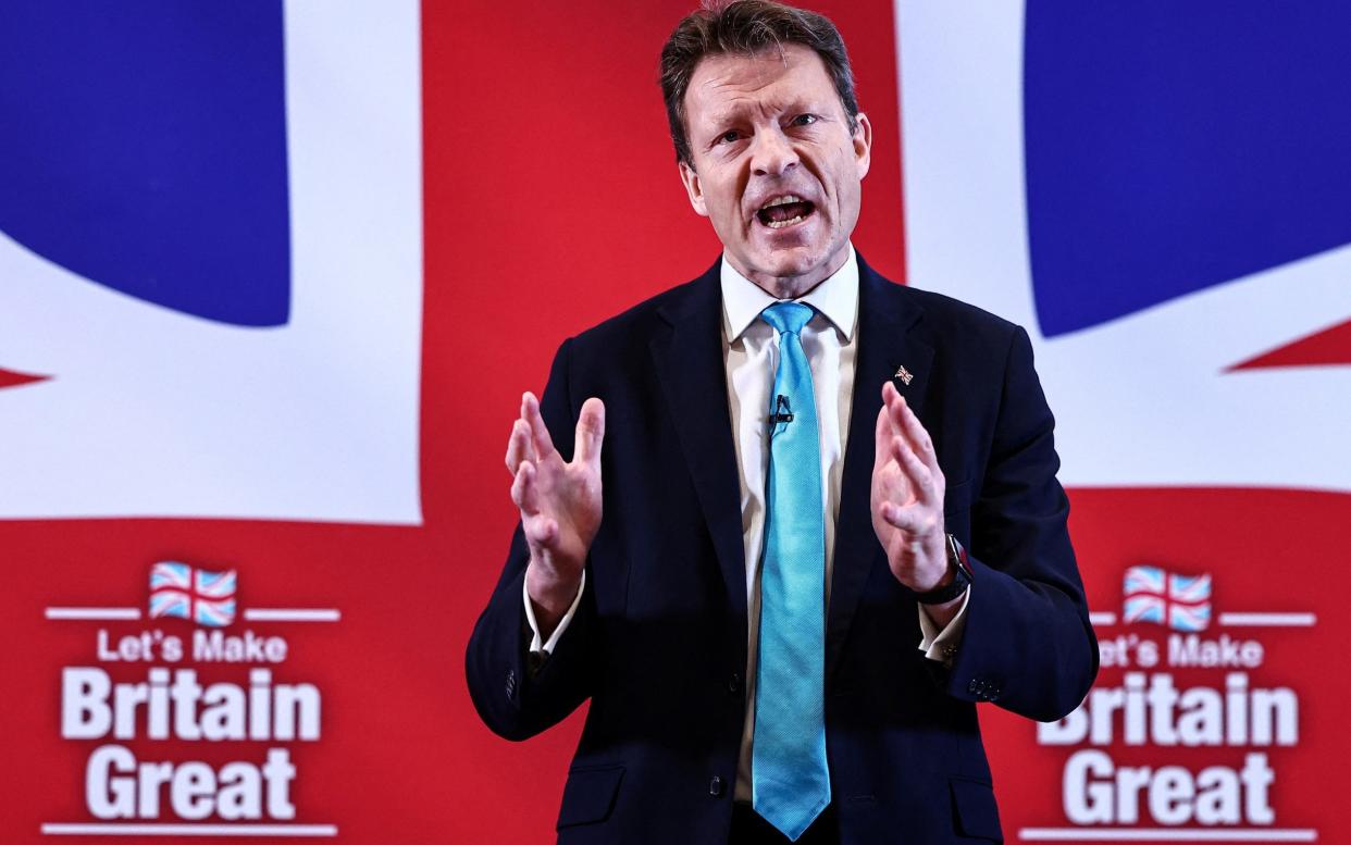 Richard Tice, the leader of the Reform UK party, speaking at a press conference