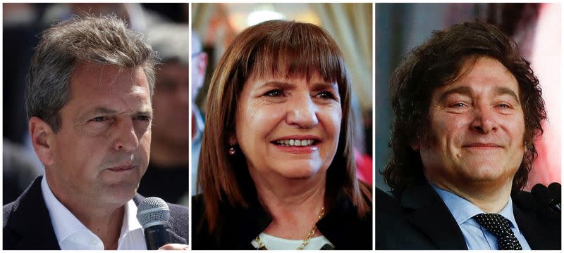 FILE PHOTO: A combination picture shows Argentine presidential candidates Sergio Massa, Patricia Bullrich and Javier Milei, in Buenos Aires