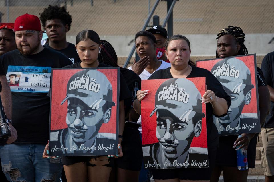 The family of Daunte Wright attend a rally and march organized by families who were victims of police brutality in in St. Paul, Minn.,Monday, May 24, 2021.