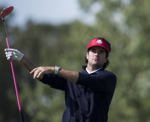 Team USA's Bubba Watson watches his drive on the 9th hole during the afternoon Four Ball Match on the first day of the 39th Ryder Cup at the Medinah Country Club September 28. Watson and Webb Simpson were level at the turn for the United States with Justin Rose and Ian Poulter in the lead match for Saturday's mornings Ryder Cup foursomes