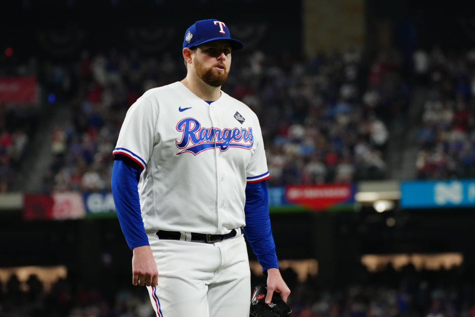 ARLINGTON, TX - OCTOBER 28: Jordan Montgomery #52 of the Texas Rangers exits the game in the seventh inning during Game 2 of the 2023 World Series between the Arizona Diamondbacks and the Texas Rangers at Globe Life Field on Saturday, October 28, 2023 in Arlington, Texas. (Photo by Mary DeCicco/MLB Photos via Getty Images)