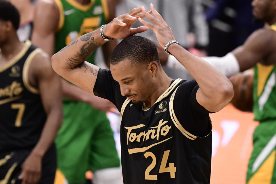 TAMPA, FLORIDA - MARCH 19: Norman Powell #24 of the Toronto Raptors reacts during the fourth quarter against the Utah Jazz at Amalie Arena on March 19, 2021 in Tampa, Florida. NOTE TO USER: User expressly acknowledges and agrees that, by downloading and or using this photograph, User is consenting to the terms and conditions of the Getty Images License Agreement. (Photo by Douglas P. DeFelice/Getty Images)