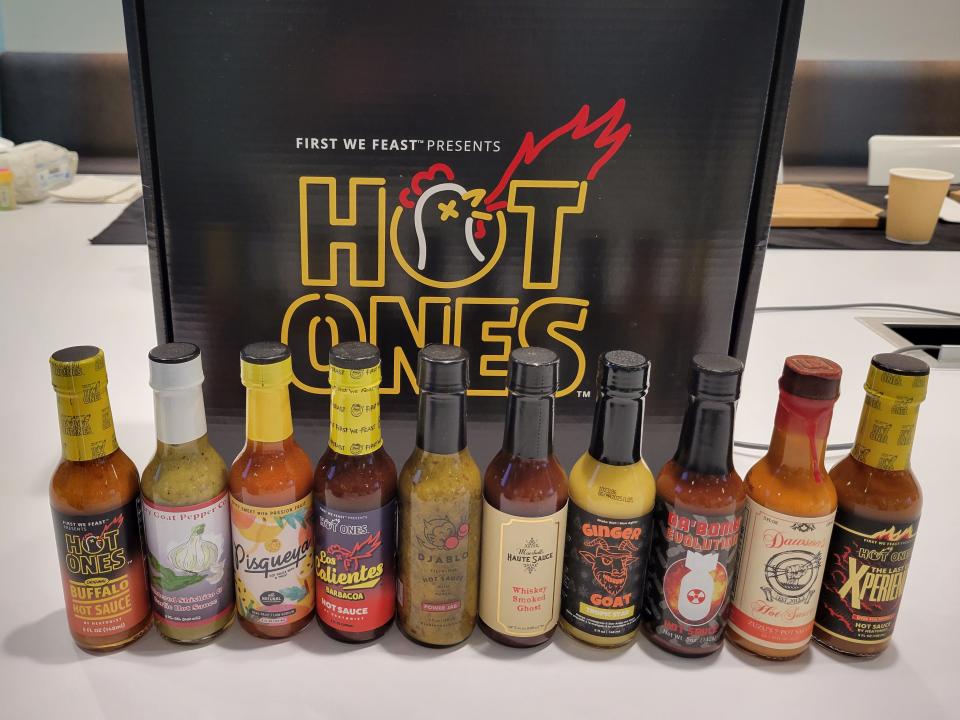 A row of 10 hot sauces that are featured on season 22 of "Hot Ones."