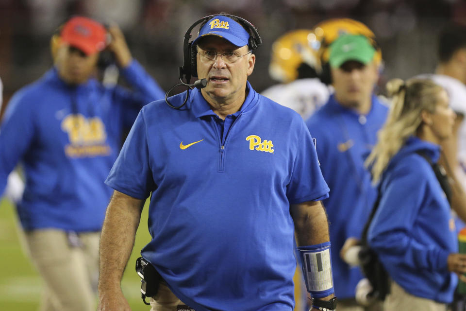 Pittsburgh coach Pat Narduzzi watches during the second quarter of the team's NCAA college football game against Virginia Tech on Saturday, Sept. 30, 2023, in Blacksburg, Va. (Matt Gentry/The Roanoke Times via AP)