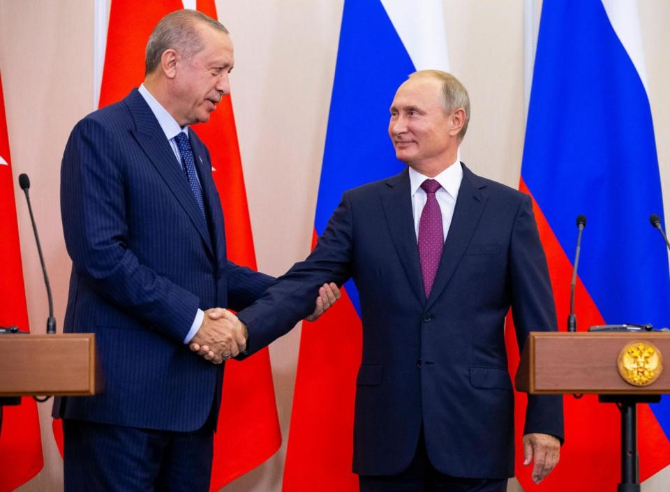 Russian President Vladimir Putin and Turkish President Tayyip Erdogan met earlier this month to arrange a ceasefire between their warring allies on either side of the conflict in a hope of preventing further devastation in the city of Idlib. (AFP/Getty/Alexander Zemlianichenko)