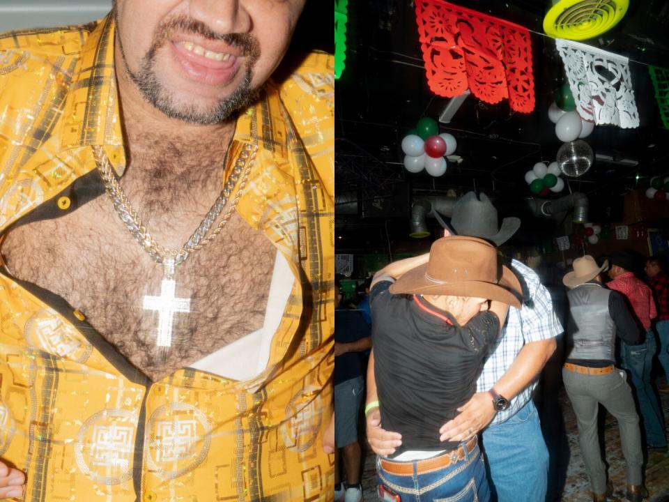 Side-by-side photos, one a closeup of a patron's cross necklace on a hairy chest; and two cowboys dancing close together.