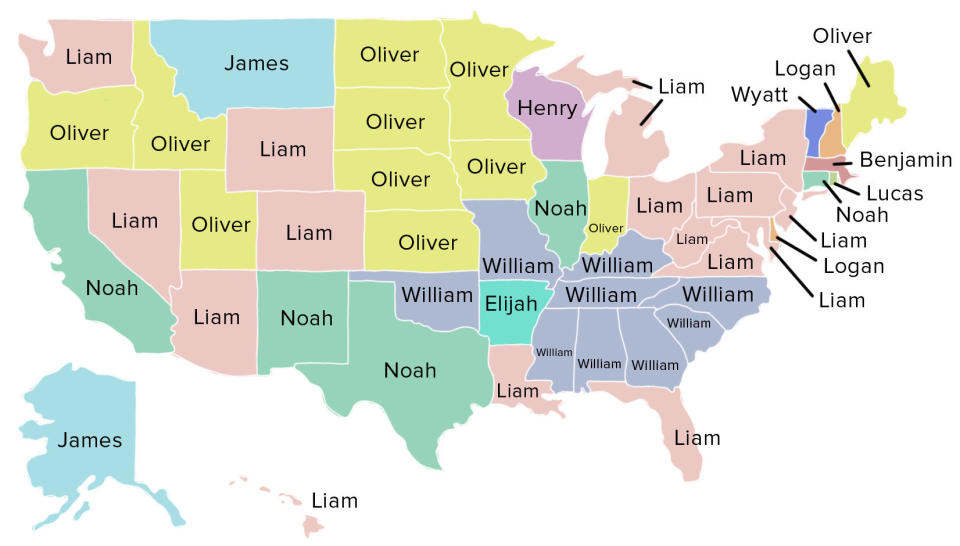 The most popular&nbsp;names for baby&nbsp;boys in each state. (Photo: Isabella Carapella/HuffPost)