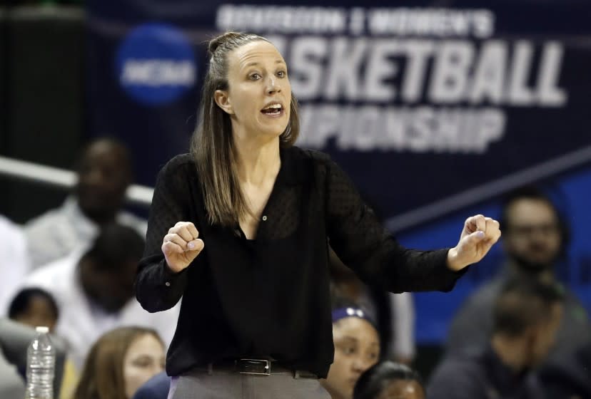 FILE - In this March 23, 2019, file photo, California head coach Lindsay Gottlieb instructs her team.