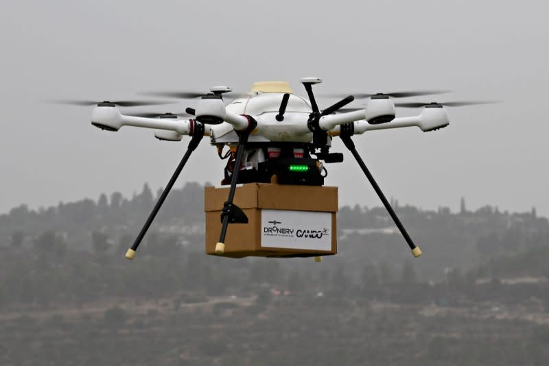 A drone from Israel's National Drone Initiative and Cando Drones delivers medical equipment at a test flight at Hadassah Hospital Ein Kerem in Jerusalem on Wednesday. Photo by Debbie Hill/UPI