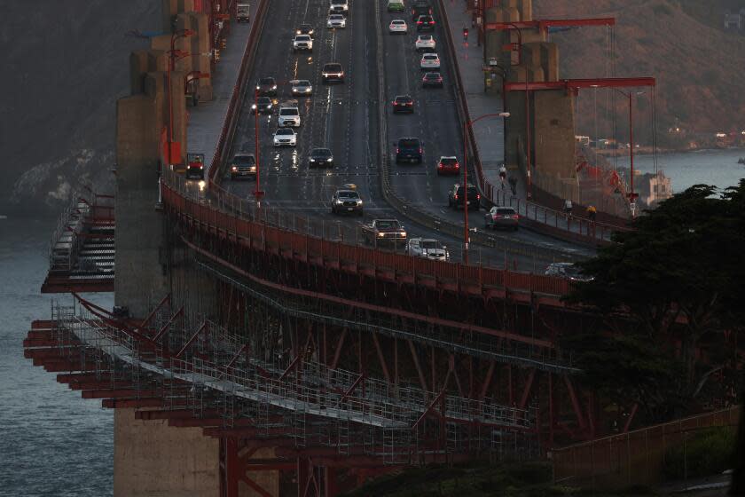 SAN FRANCISCO, CALIFORNIA - NOVEMBER 07: Scaffolding surrounds the base of the Golden Gate Bridge as crews continue to install a new suicide prevention barrier on November 07, 2023 in San Francisco, California. A suicide prevention barrier made of a net of stainless steel cables on the Golden Gate Bridge is nearing completion after 6 years. The project originally projected to cost $76 million has ballooned to over $215 million and is expected to be finished by the end of the year. An estimated 30 to 40 people jumped from the bridge each year prior to the construction of the netting compared to 6 so far this year. Since the Golden Gate Bridge was built in 1937, an estimated 2,000 people have jumped to their deaths from the span. (Photo by Justin Sullivan/Getty Images)