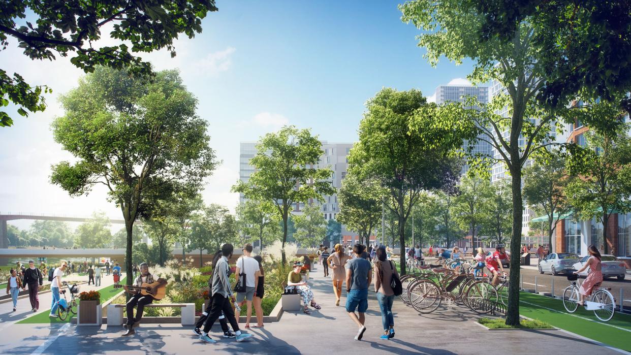 A rendering depicts a pedestrian path lining Waterside Drive on Nashville's East Bank.