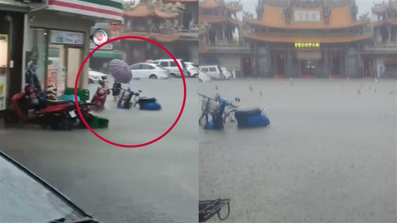 豪雨來襲，從台南海尾朝皇宮的網友分享畫面中可以看到，淹水高度到小腿。（合成圖／翻攝自我住台南安南區臉書）