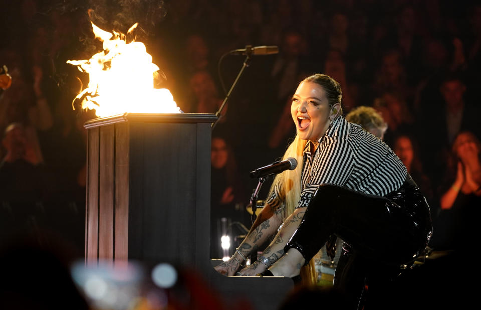 Elle King performs "Great Balls of Fire" during a tribute to the late Jerry Lee Lewis during the 56th Annual CMA Awards on Wednesday, Nov. 9, 2022, at the Bridgestone Arena in Nashville, Tenn. (AP Photo/Mark Humphrey)