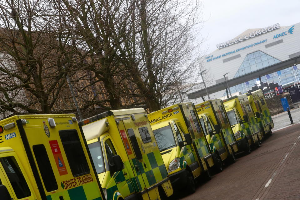 Ambulances are parked outside NHS Nightingale Hospital at the ExCeL centre following the outbreak of the coronavirus disease (COVID-19) in London, Britain January 2, 2021. REUTERS/Hannah McKay