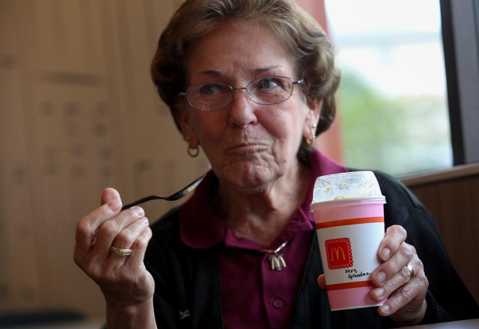 Barbara Cramer, 75, a McDonald's employee for 53 years, enjoys the new limited-edition 'Grandma McFlurry' at a McDonald's restaurant in Fort Pierce, Florida.