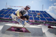 Rune Glifberg of Denmark takes part in a men's Park Skateboarding training session at the 2020 Summer Olympics, Saturday, July 31, 2021, in Tokyo, Japan. The age-range of competitors in skateboarding's Olympic debut at the Tokyo Games is remarkably broad and 46-year-old Rune Glifberg will go wheel-to-wheel with skaters less than half his age. (AP Photo/Ben Curtis)