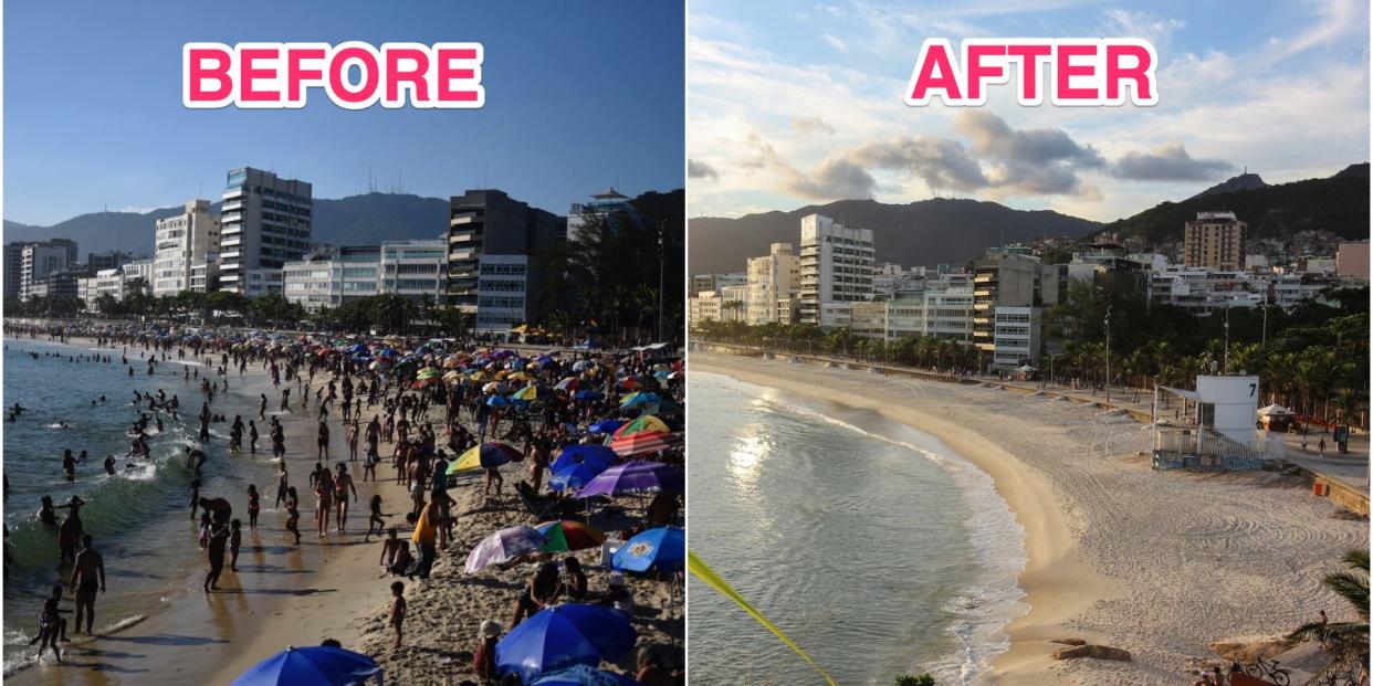 A composite image of Copacabana beach in Rio before and after the coronavirus.