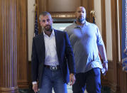 Michael Fanone, left, a Washington Metropolitan Police Department officer who was attacked and beaten during the Jan. 6, attack on the Capitol, and Harry Dunn, a U.S. Capitol Police officer who faced the rioters, leave a meeting with House Minority Leader Kevin McCarthy, R-Calif., at the Capitol in Washington, Friday, June 25, 2021. House Speaker Nancy Pelosi announced Thursday she's creating a special committee to investigate the attack by a mob of Trump supporters who sought to interrupt the certification of Joe Biden's presidential election victory. (AP Photo/J. Scott Applewhite)