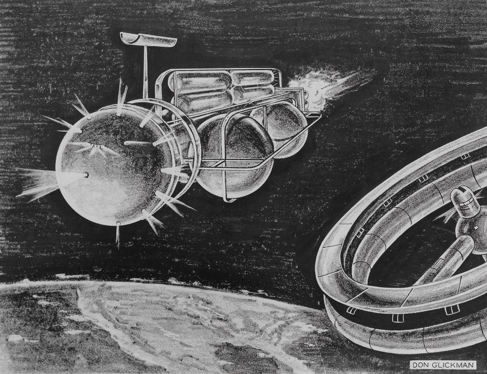 Artist Don Glickman imagines in 1953 what an interplanetary trip to Mars might look like in the distant future. With fuel stored in cylinders, the spaceship is taking off from an intermediary space station.