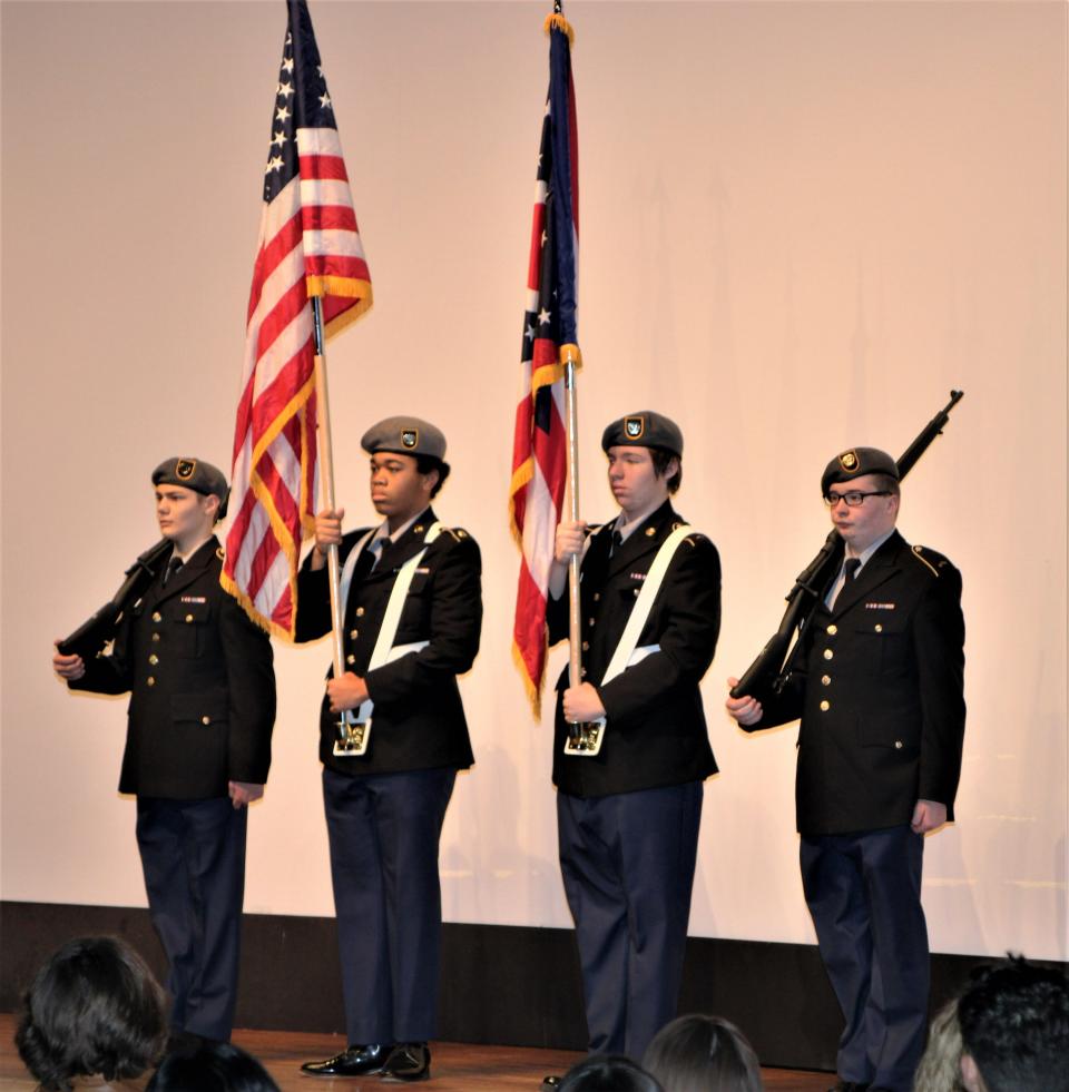 Members of the Marion Harding High School Jr. ROTC present the colors during the annual Peace and Freedom Committee Dr. Martin Luther King Jr. Day celebration on Monday, Jan. 16, 2023, at the Palace Theatre in Marion.
