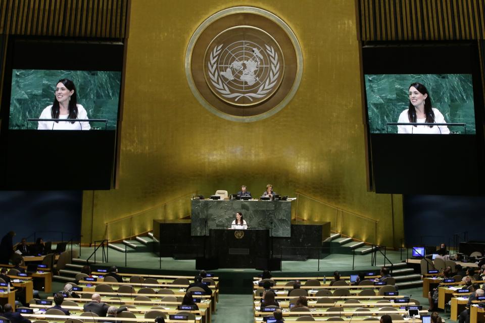 FILE - New Zealand's Prime Minister Jacinda Ardern addresses the 73rd session of the United Nations General Assembly on Sept. 27, 2018, at the United Nations headquarters. Ardern became just the second world leader to give birth while holding office. When she brought her infant daughter to the floor of the U.N. General Assembly in New York in 2018, it brought smiles to people everywhere. (AP Photo/Frank Franklin II, File)