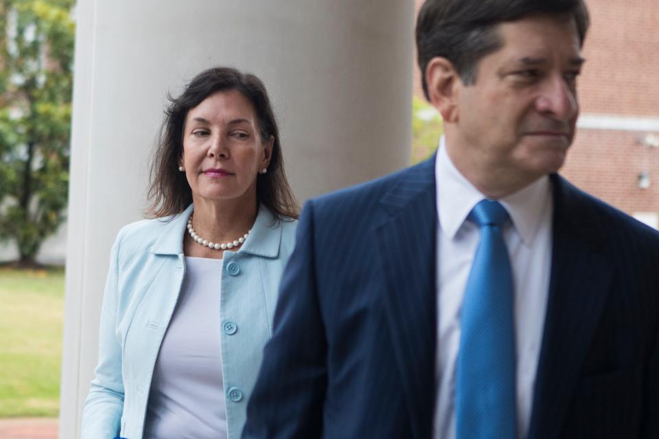 Delaware State Auditor Kathy McGuiness arrives at the Kent County Courthouse for the start of a criminal corruption case against McGuiness Tuesday, June 14, 2022, in Dover. 