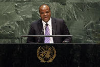 King Mswati III, of Swaziland, which now calls itself Eswatini, addresses the 74th session of the United Nations General Assembly, Wednesday, Sept. 25, 2019. (AP Photo/Richard Drew)