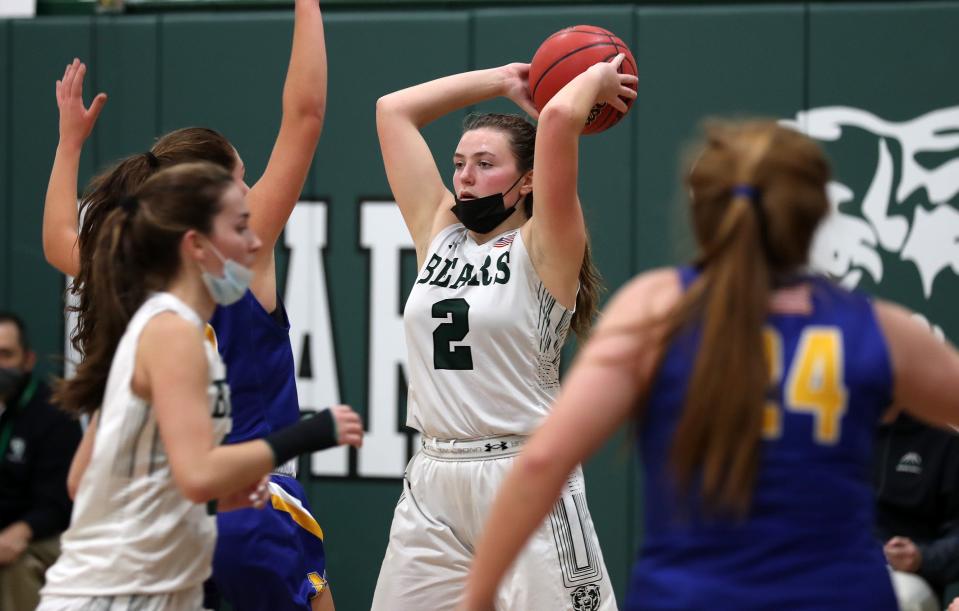 Brewster's Grace Galgano (2) looks for an open teammate against Mahopac during girls basketball action at Brewster High School Jan. 4, 2022. 