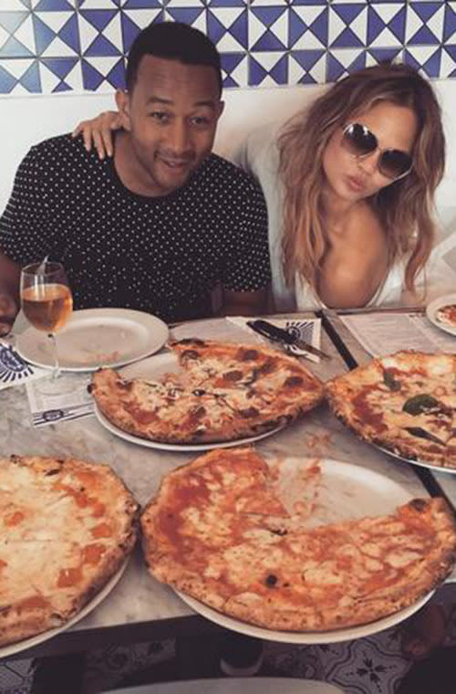 The model chowed down on four pizzas while visiting Naples with husband John Legend.