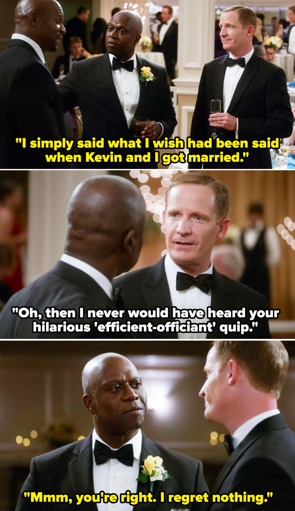 Terry Crews, Andre Braugher, and Marc Evan Jackson wearing formal black tuxedos, engaging in conversation at a formal event