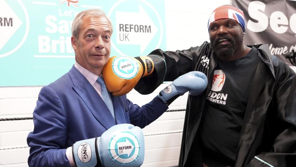 Reform UK leader Nigel Farage at a boxing gym in Clacton, England