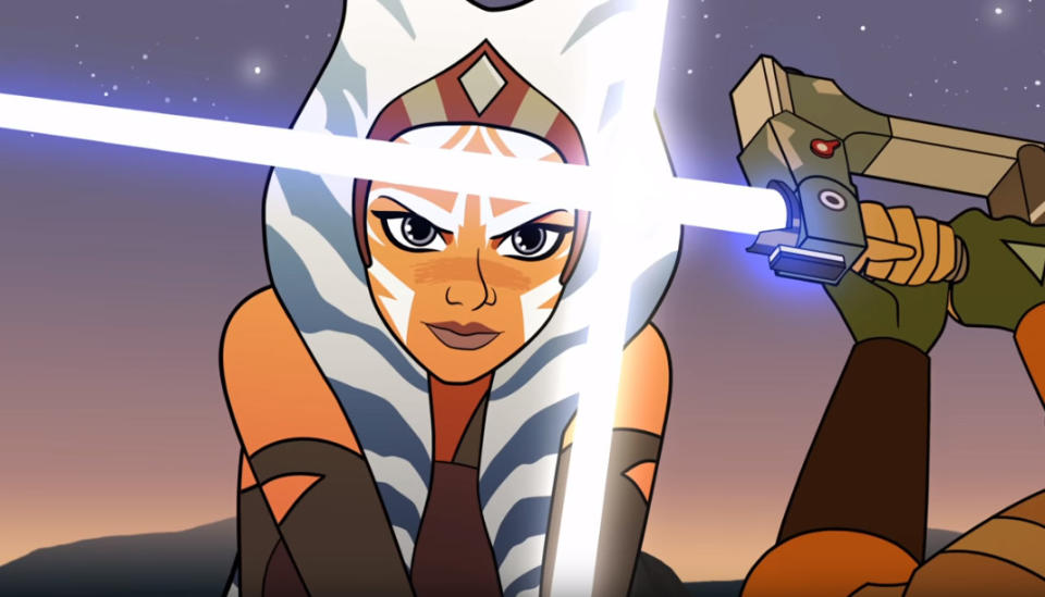 Ahsoka fights with a lightsaber