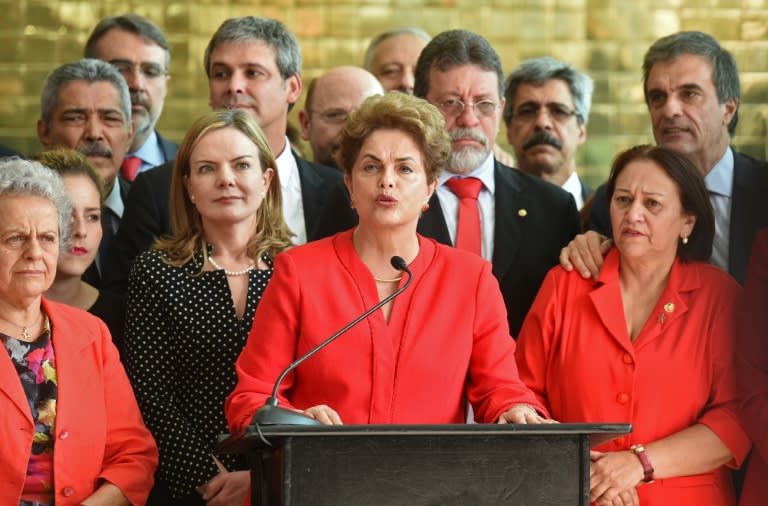 Brazil's former Dilma Rousseff speaks at the Alvorada presidential palace in Brasilia after she was stripped of the country's presidency in a Senate impeachment vote on August 31, 2016