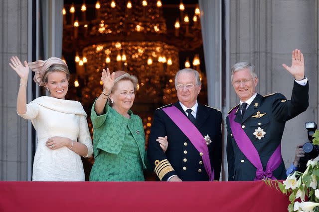 <p>Dean Mouhtaropoulos/Getty Images</p> Queen Mathilde, Queen Paola, King Albert and King Philippe of Belgium in July 2023