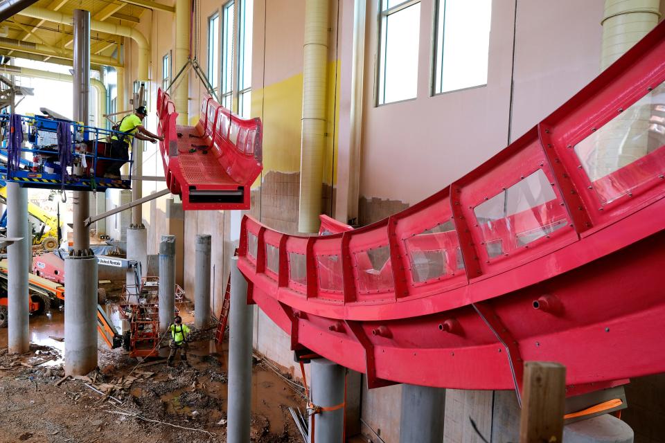 OKANA Resort & Indoor Waterpark slide installation is occurring in what will be the indoor waterpark.