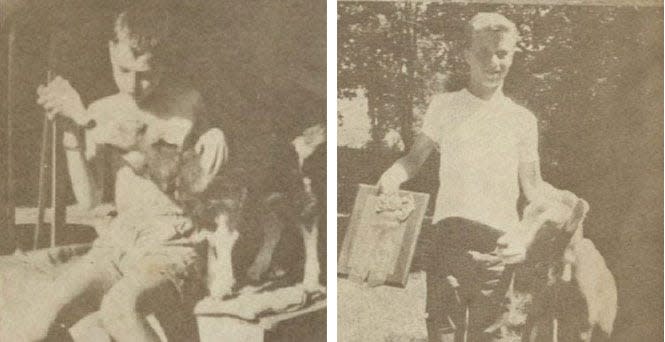 In a flyer promoting Camp Najerog, Peter Wien is pictured feeding a goat and Eldred French is holding an award.
