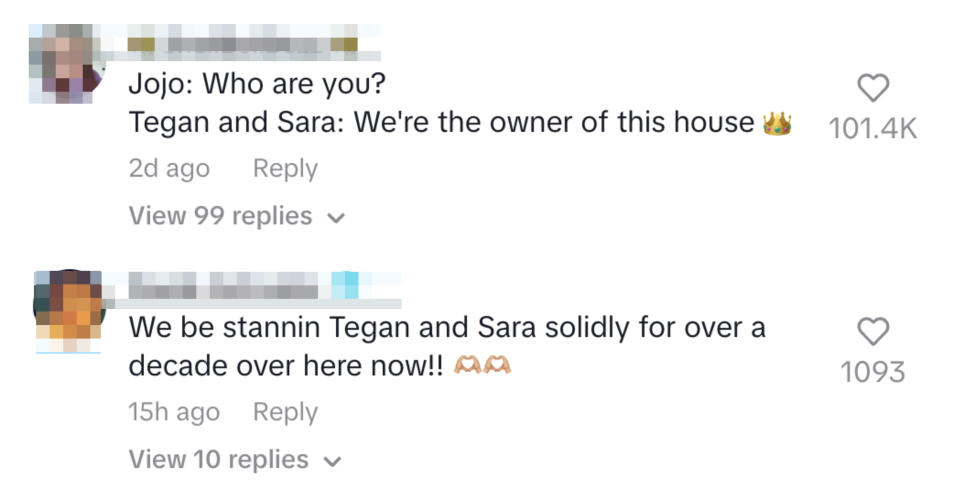 Comments under a post with users expressing admiration for Tegan and Sara