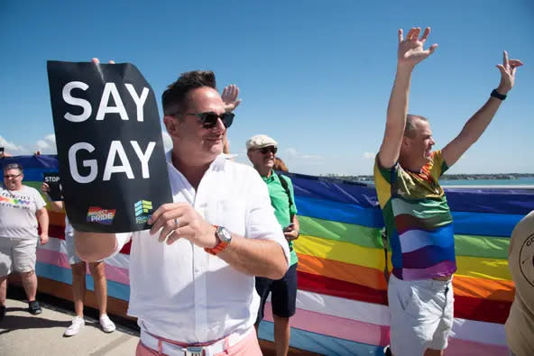 Hundreds of LGBTQ residents and their supporters gathered on Sarasota's Ringling Bridge in February 2021 to protest the Parental Rights in Education, or "Don't Say Gay," bill.