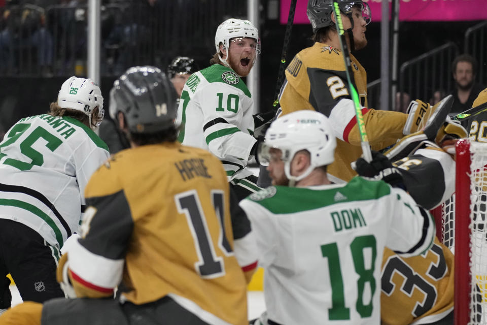 Dallas Stars center Ty Dellandrea (10) celebrates after scoring his second goal of the period against the Vegas Golden Knights during the third period of Game 5 of the NHL hockey Stanley Cup Western Conference finals Saturday, May 27, 2023, in Las Vegas. (AP Photo/John Locher)