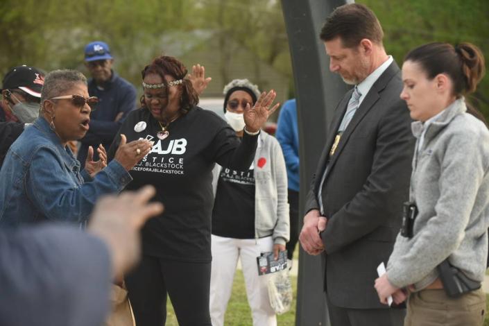 Faith leaders, community members and family of Adam Blackstock Jr. pray for Kansas City police Sgt. Mark Slater and Detective Nicole Anderson to assist with solving the 24-year-old man’s January homicide.