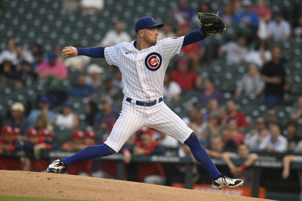 Chicago Cubs starter Adrian Sampson delivers a pitch during the first inning of the second game of a baseball doubleheader against the St. Louis Cardinals Tuesday, Aug. 23, 2022, in Chicago. (AP Photo/Paul Beaty)