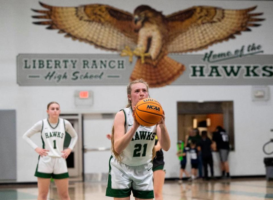 Liberty Ranch’s Haley Smith shoots a free throw during a CIF girls basketball playoff game against Sonora at Liberty Ranch High School in Galt on Tuesday.