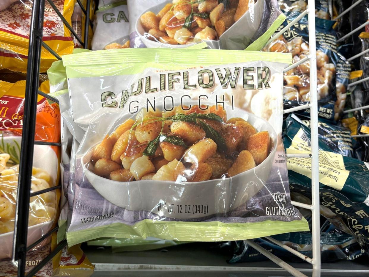 A bag of Trader Joe's cauliflower gnocchi in the freezer section.