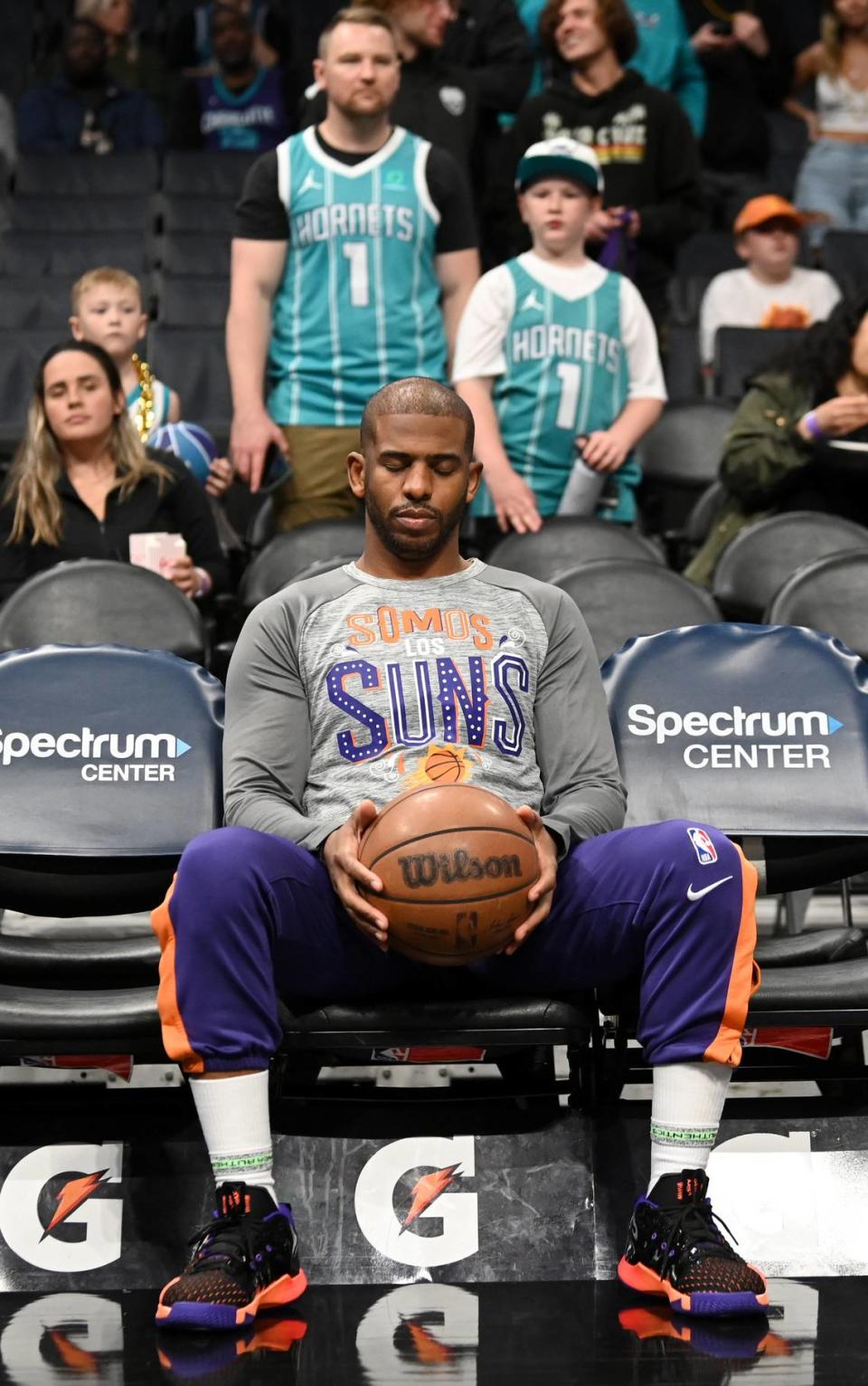 Former Wake Forest University and current NBA star Chris Paul sits on the bench meditating prior to action against the Charlotte Hornets on Wednesday, March 1, 2023 at Spectrum Center in Charlotte, NC. Paul has written a new book titled Sixty-One.