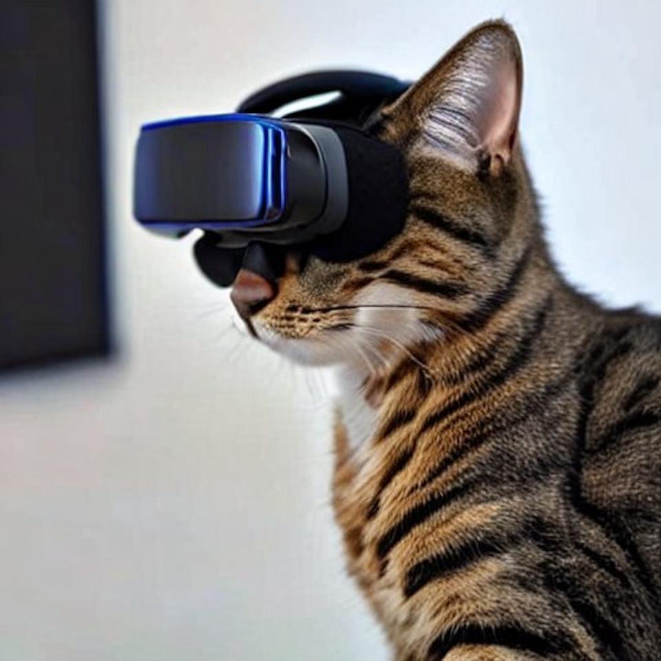 This photolike image was generated using Stable Diffusion with the prompt ‘cat wearing VR goggles.’ Screen capture by The Conversation, <a href="http://creativecommons.org/licenses/by-nd/4.0/" rel="nofollow noopener" target="_blank" data-ylk="slk:CC BY-ND;elm:context_link;itc:0;sec:content-canvas" class="link ">CC BY-ND</a>