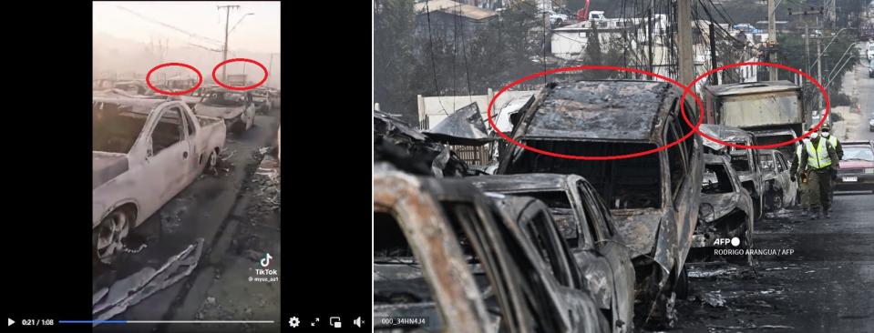 <span>Screenshot comparison of the clip from the false post (left) and an AFP photo from the scene (right), with similarities highlighted</span>