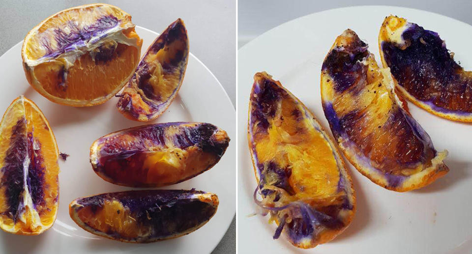 The oranges turned a deep indigo, purple shade after being cut open. Source: Neti Moffitt